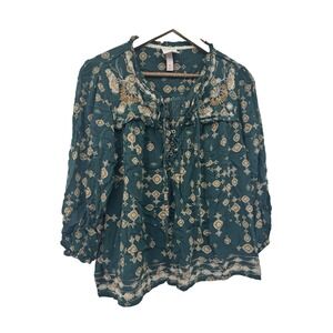 Knox Rose Blouse Green Floral Rayon Top Boho light tunic 3/4 sleeve embroidered